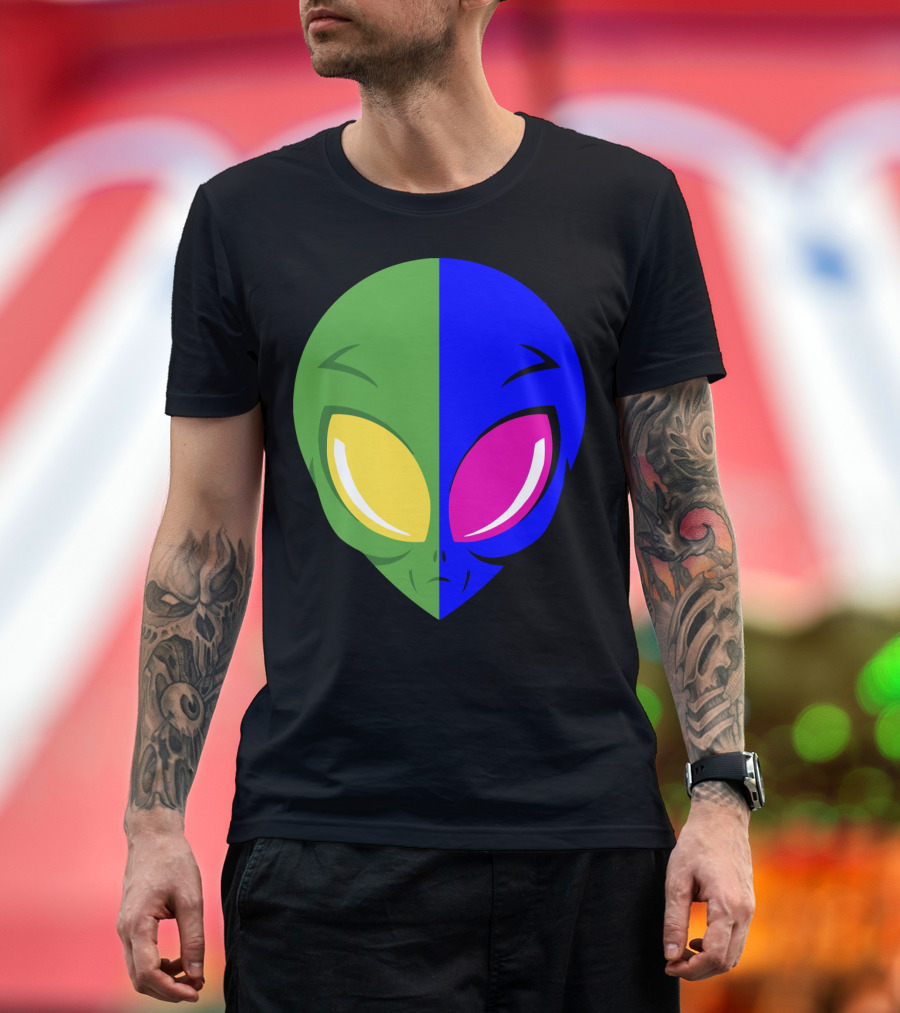 Mens Glow In The Dark Alien Head Dual Colors Green Blue Yellow Pink T-Shirt