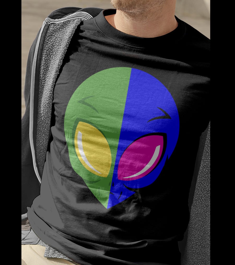Mens Glow In The Dark Alien Head Dual Colors Green Blue Yellow Pink T-Shirt