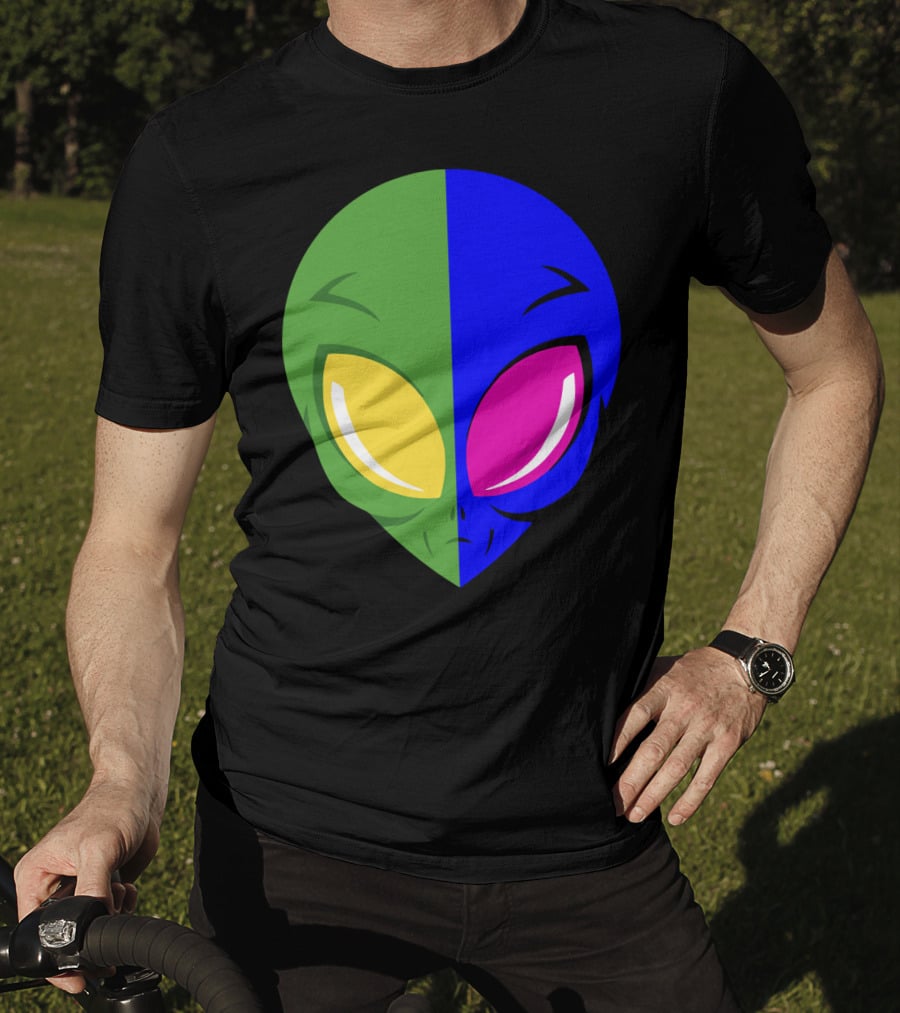 Mens Glow In The Dark Alien Head Dual Colors Green Blue Yellow Pink T-Shirt