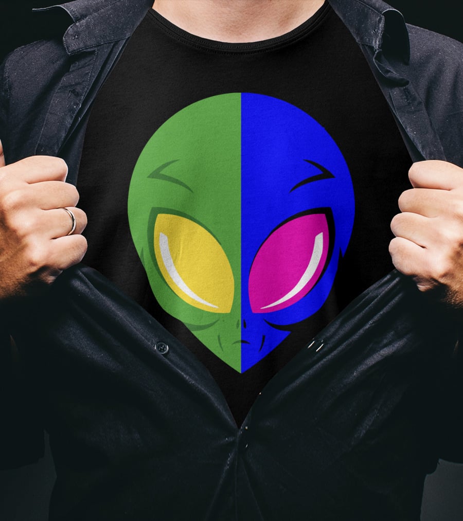 Mens Glow In The Dark Alien Head Dual Colors Green Blue Yellow Pink T-Shirt