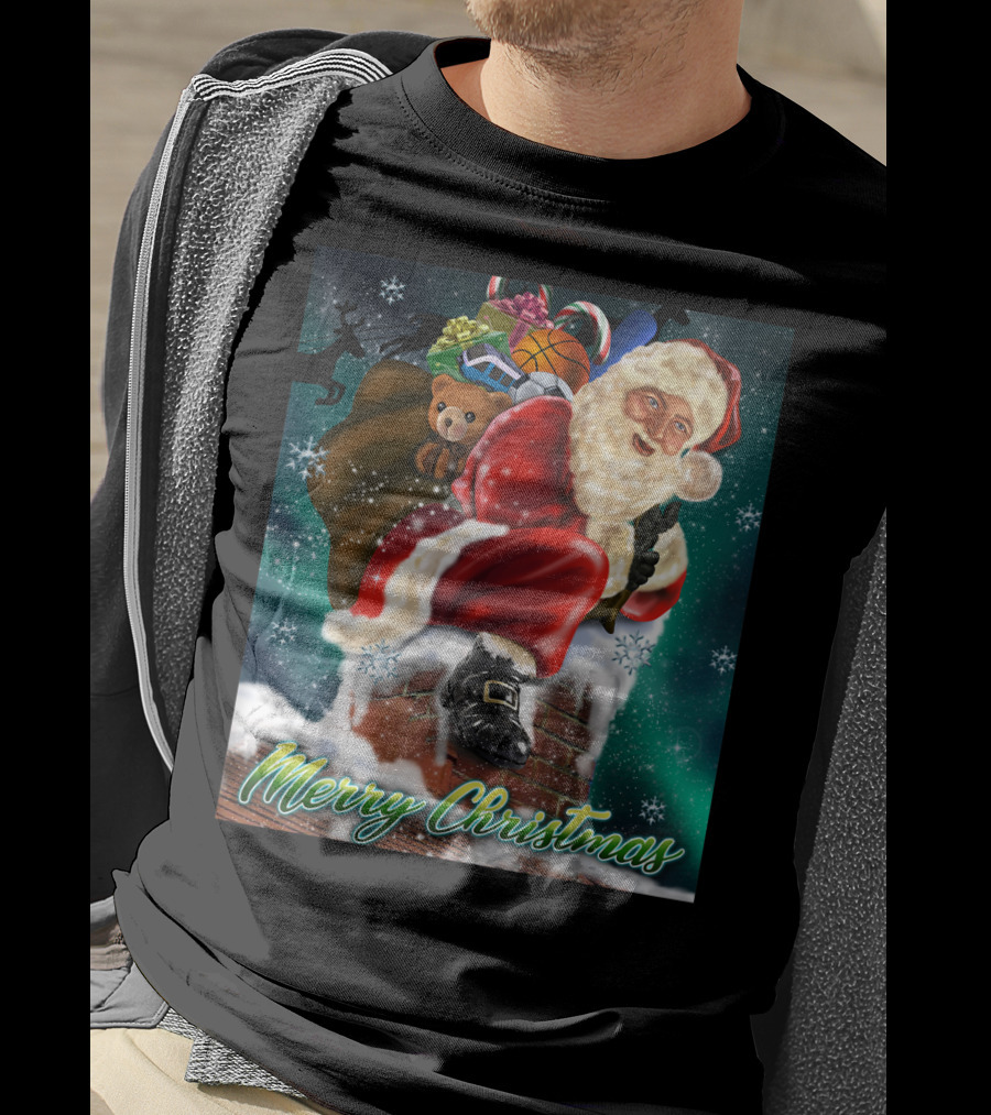 Merry Christmas Santa Claus On Chimney With Toy Sack Holiday Scene T-Shirt