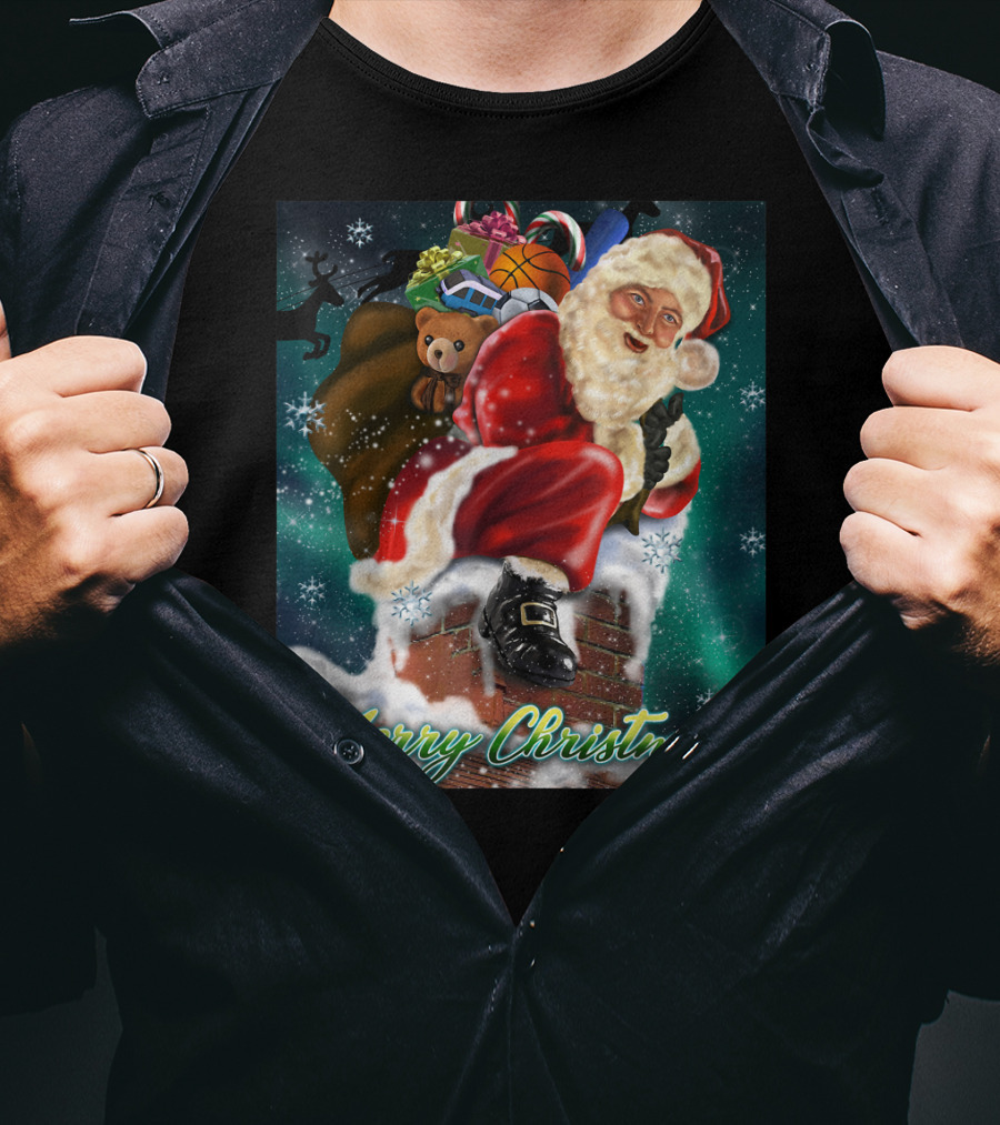 Merry Christmas Santa Claus On Chimney With Toy Sack Holiday Scene T-Shirt