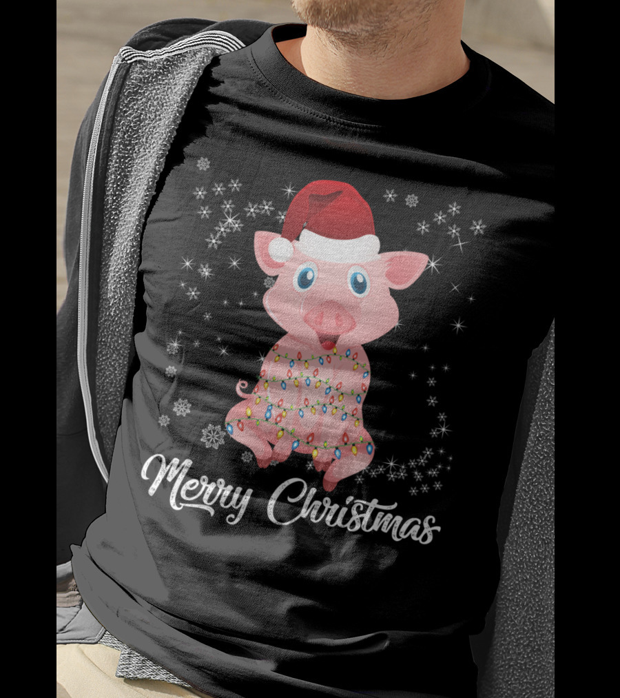 Merry Christmas Pig Santa Hat Wrapped In Holiday Lights T-Shirt