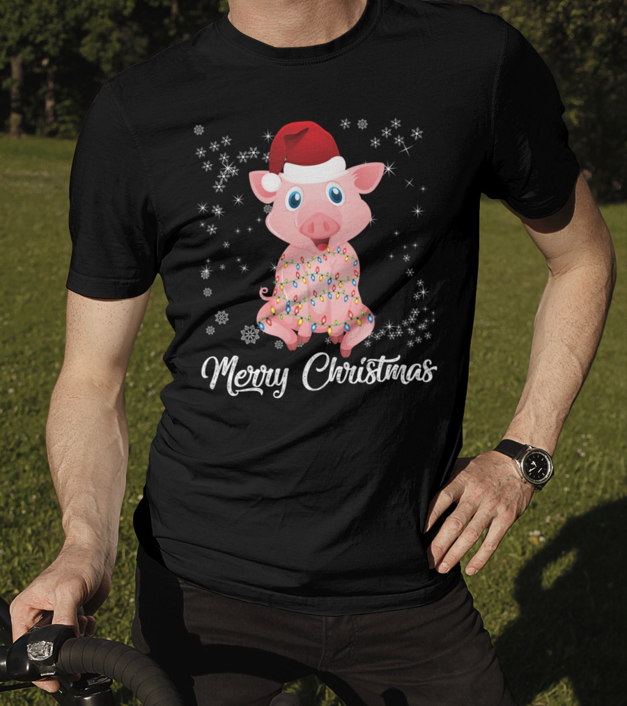 Merry Christmas Pig Santa Hat Wrapped In Holiday Lights T-Shirt