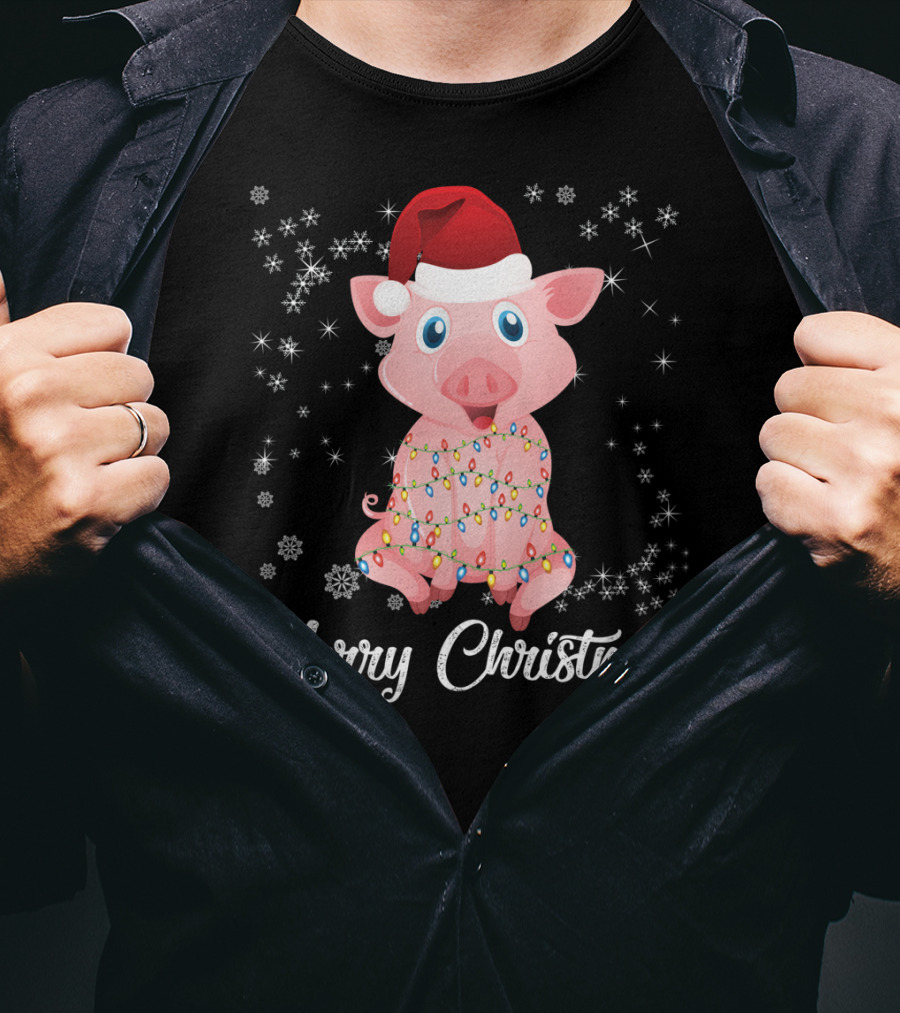 Merry Christmas Pig Santa Hat Wrapped In Holiday Lights T-Shirt