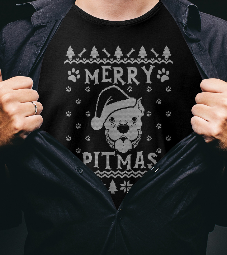 Merry Pitmas Christmas Pitbull Santa Hat Paw Trees Snowflakes T-Shirt