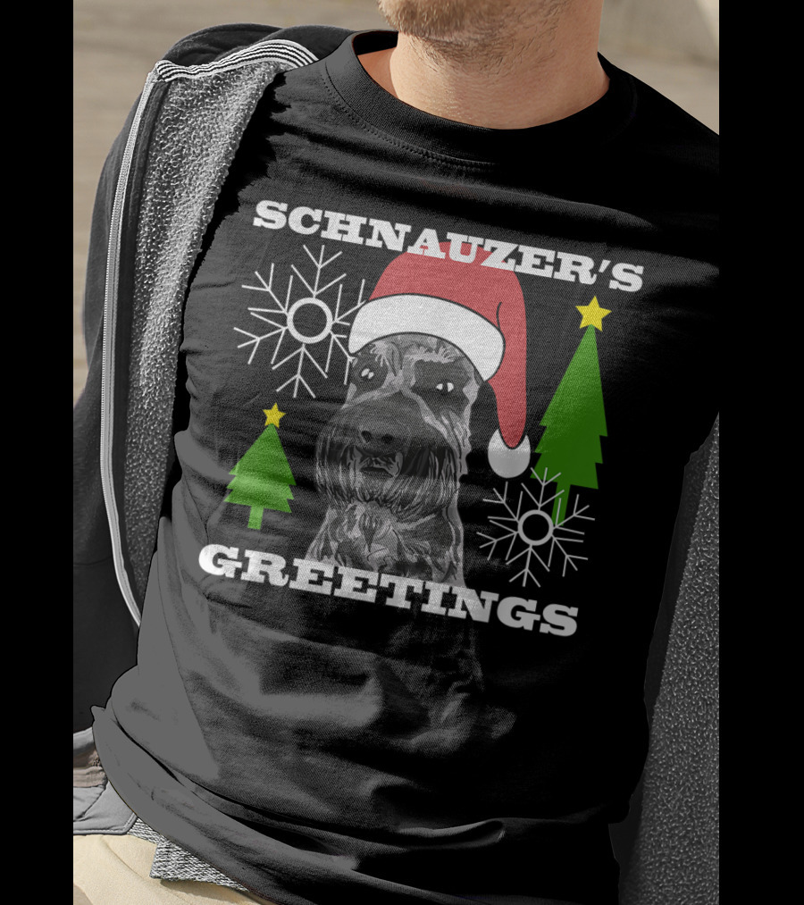 Schnauzer's Greetings Santa Hat Christmas Trees Snowflakes T-Shirt