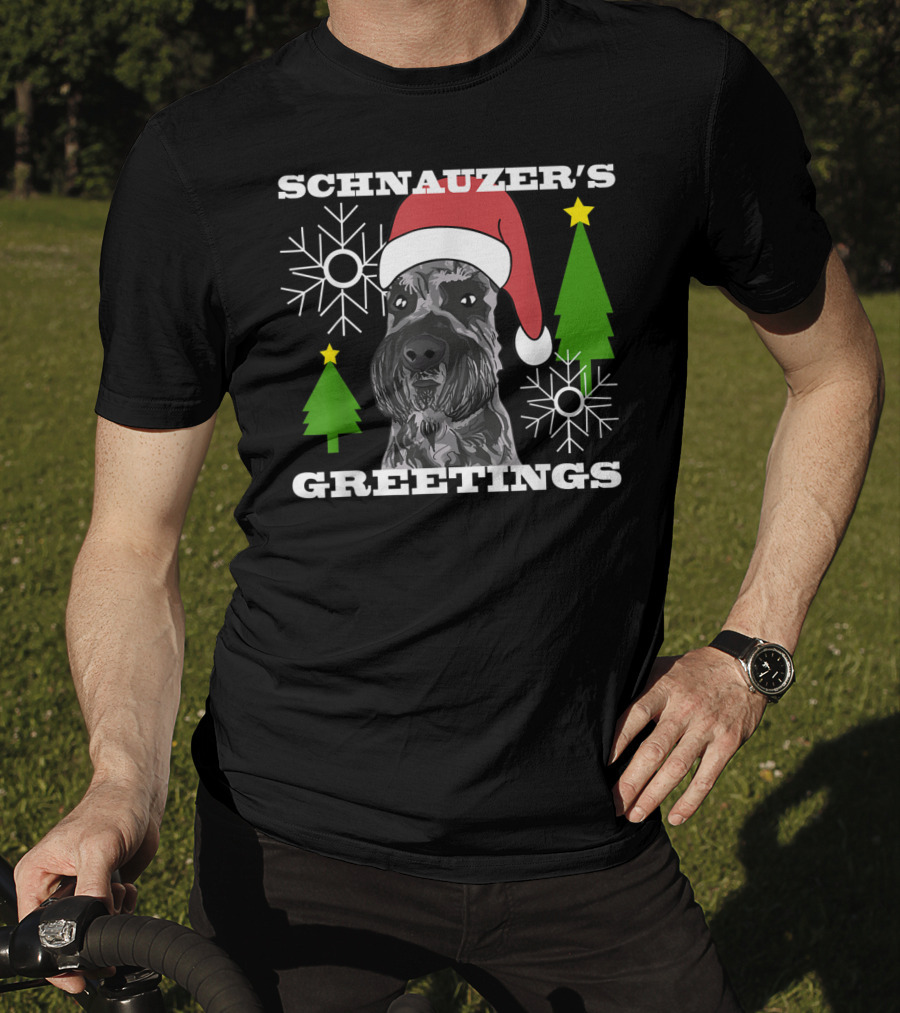 Schnauzer's Greetings Santa Hat Christmas Trees Snowflakes T-Shirt