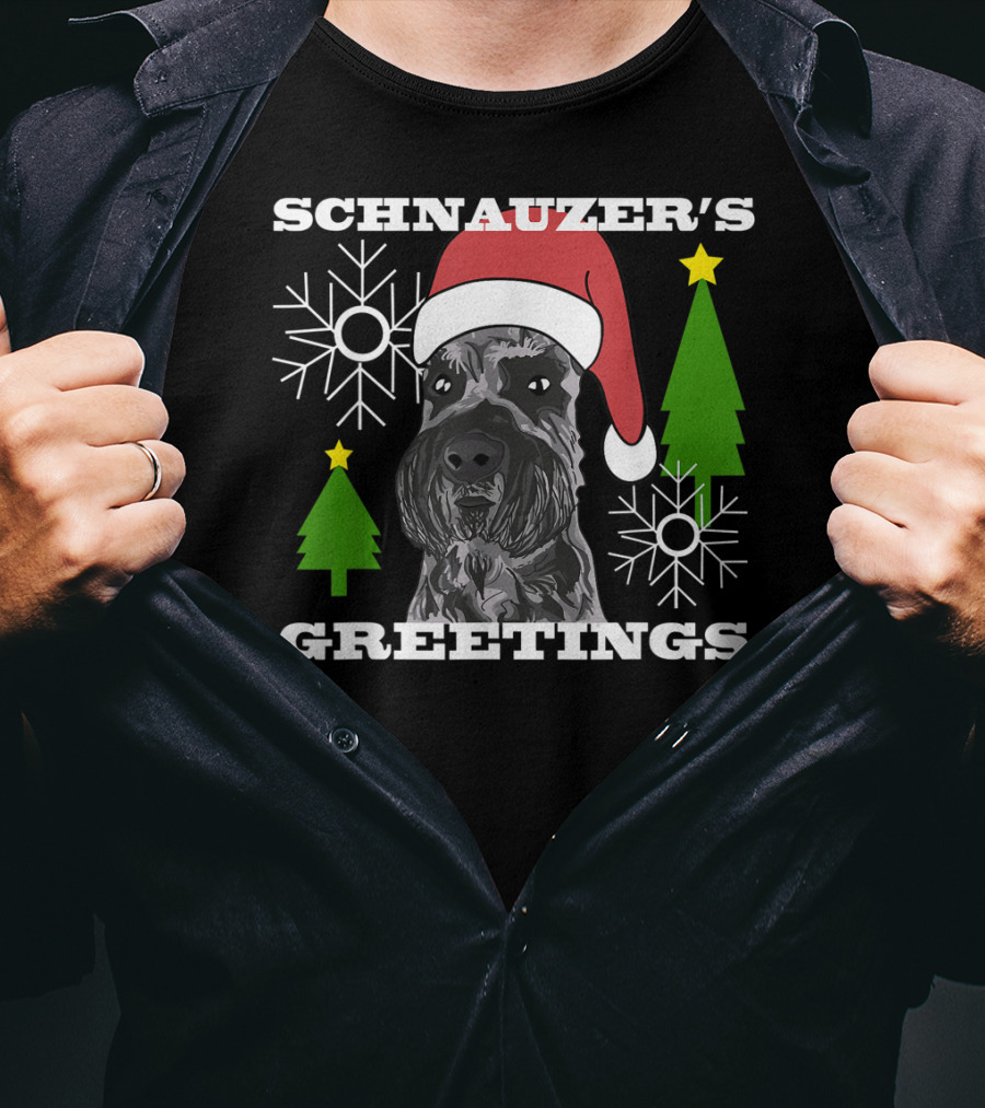 Schnauzer's Greetings Santa Hat Christmas Trees Snowflakes T-Shirt