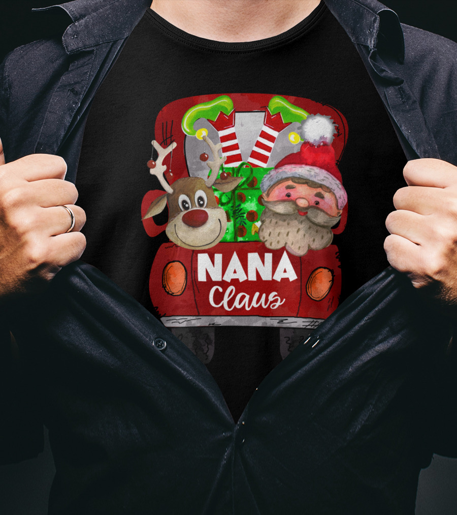 Nana Claus Red Car Christmas Reindeer And Santa T-Shirt
