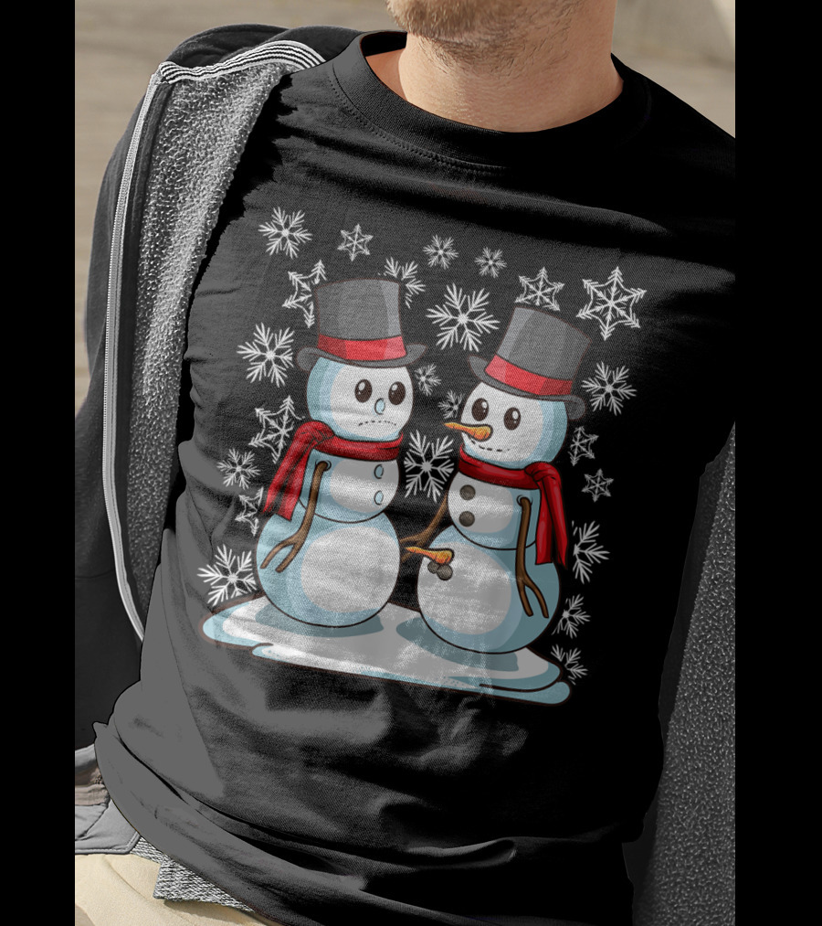 Naughty Christmas Snowmen With Carrot And Top Hats Amidst Snowflakes T-Shirt