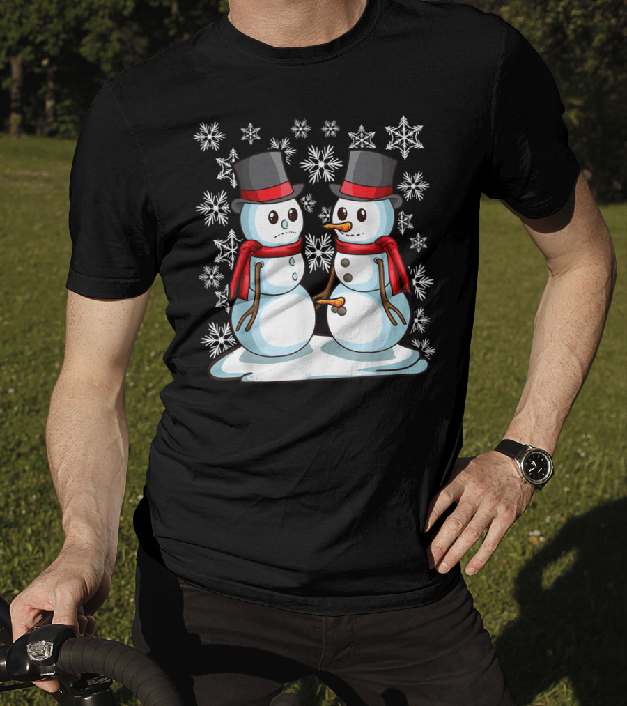 Naughty Christmas Snowmen With Carrot And Top Hats Amidst Snowflakes T-Shirt