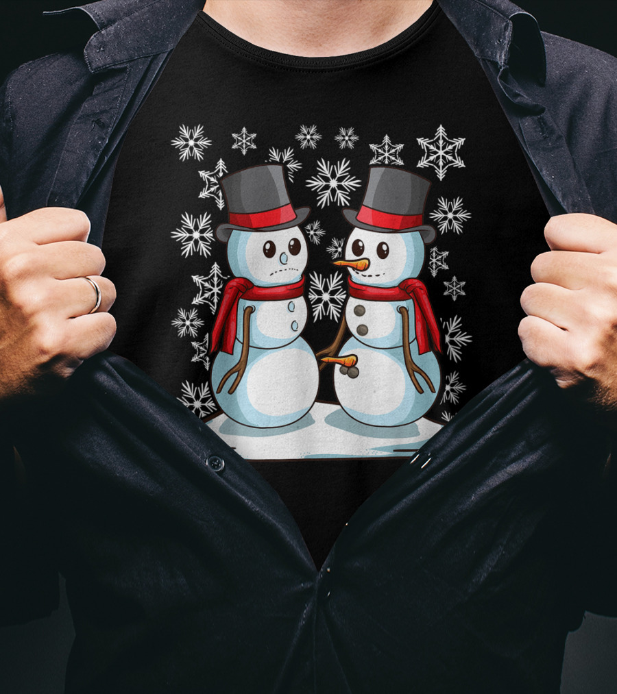 Naughty Christmas Snowmen With Carrot And Top Hats Amidst Snowflakes T-Shirt