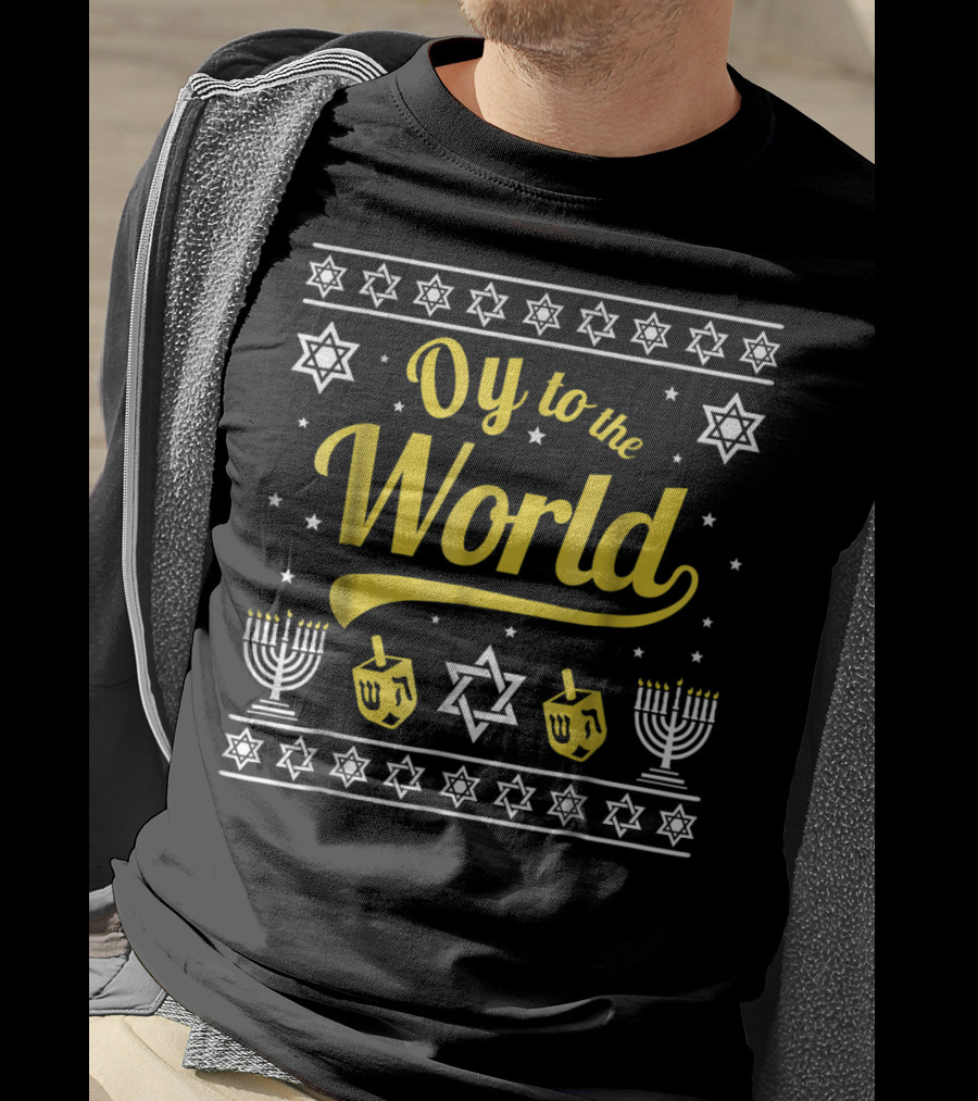 Oy To The World Hanukkah Menorah Star Dreidel T-Shirt