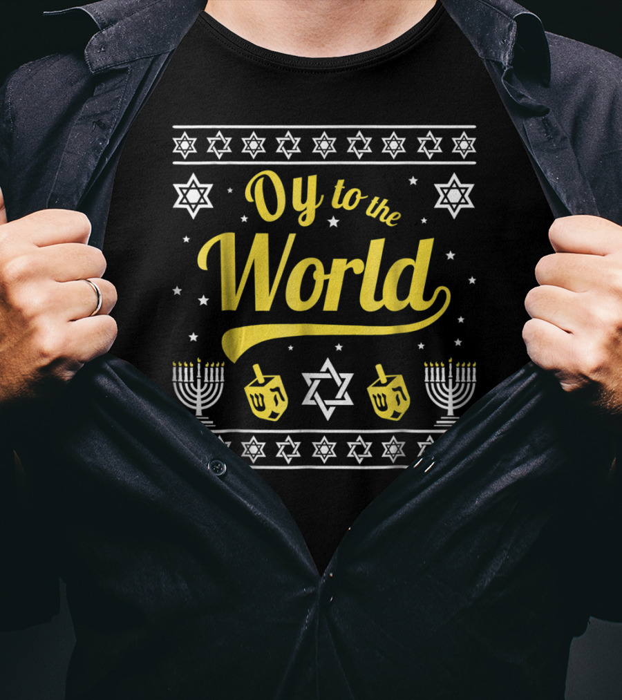 Oy To The World Hanukkah Menorah Star Dreidel T-Shirt