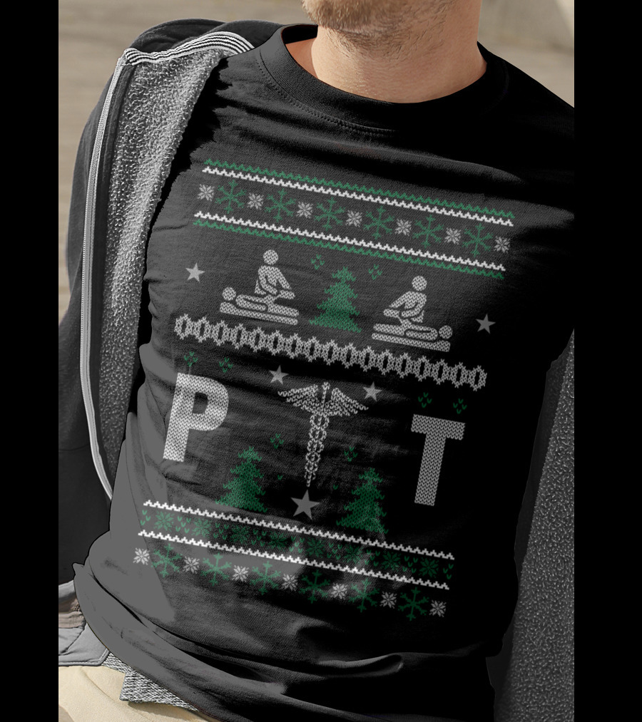 PT Christmas Knit Pattern Caduceus Therapy Holiday T-Shirt