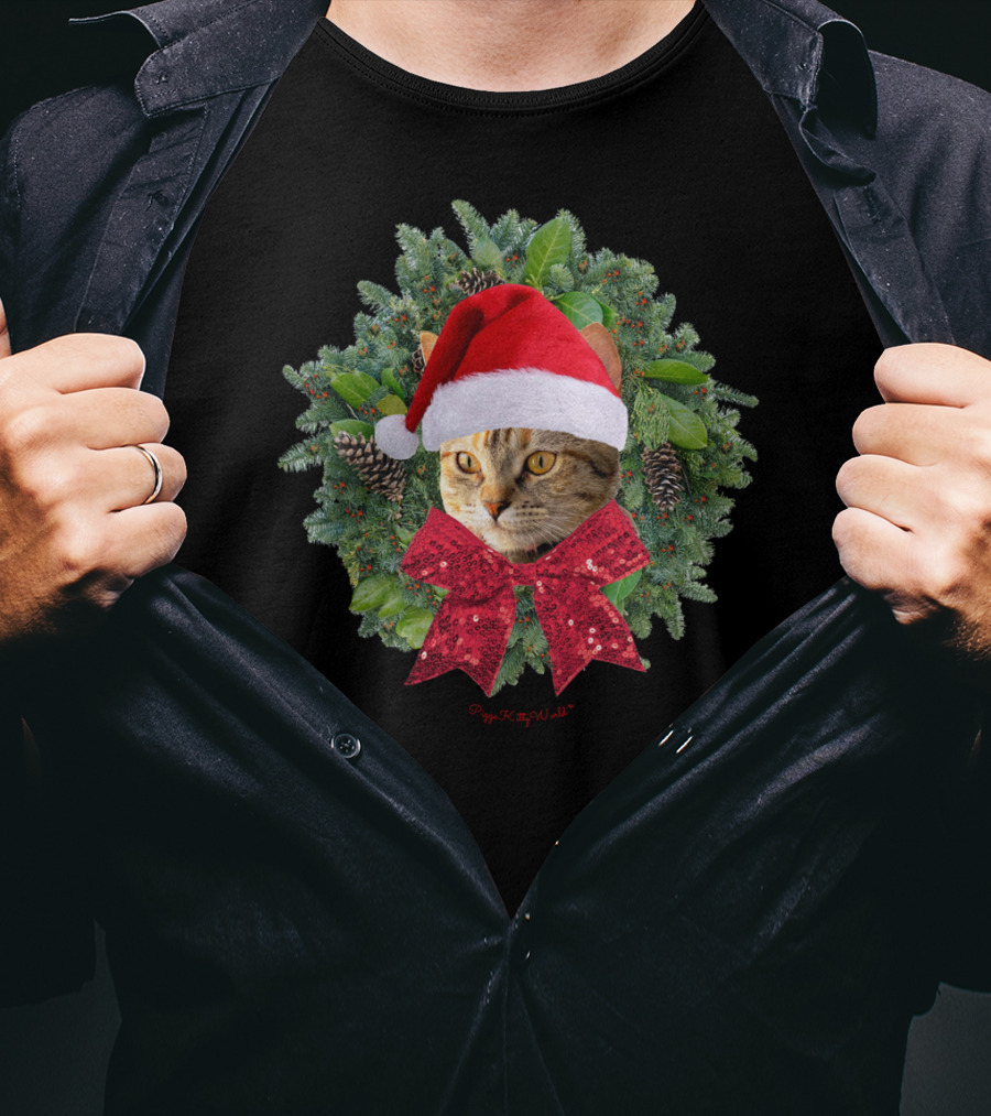 Santa Kitty Pizza Kitty World Wreath Torbie Cat T-Shirt