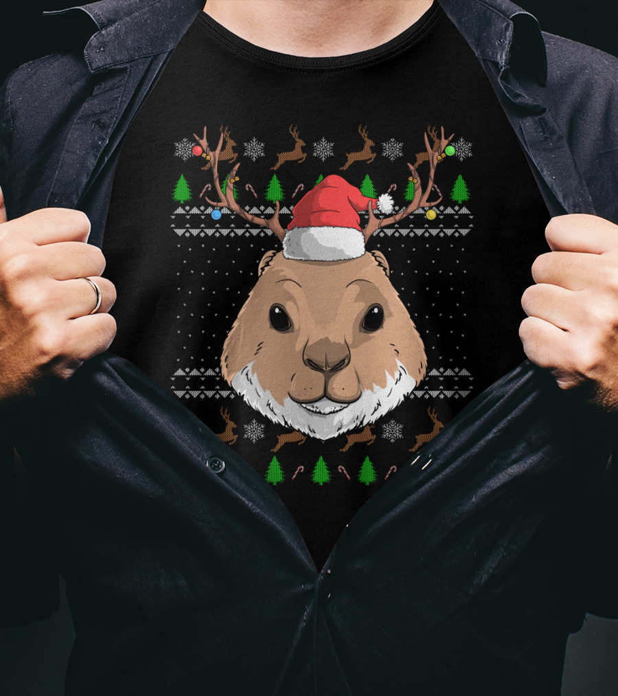 Prairie Dog Santa Claus Hat Antler Christmas Trees Reindeer Snowflakes T-Shirt