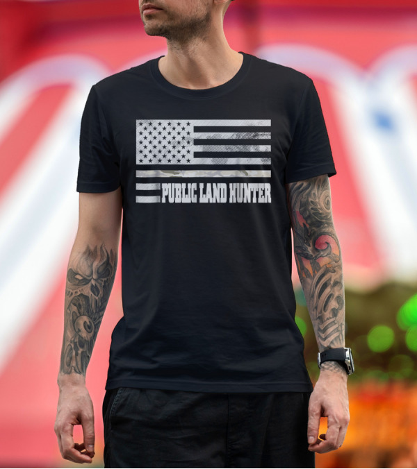 Premium T-Shirt: Public Land Hunter Camo Thin Line USA Flag Hunting American Pride T-Shirt Public Land Hunter Camo Thin Line USA Flag Hunting American Pride T-Shirt