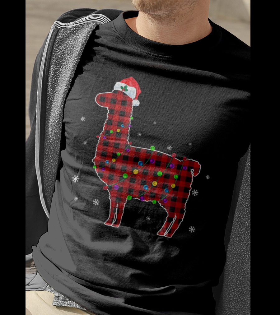 Red Plaid Buffalo Llama Christmas Lights Santa Hat T-Shirt