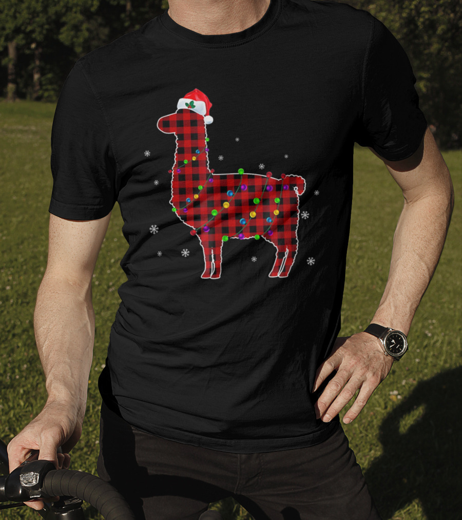 Red Plaid Buffalo Llama Christmas Lights Santa Hat T-Shirt