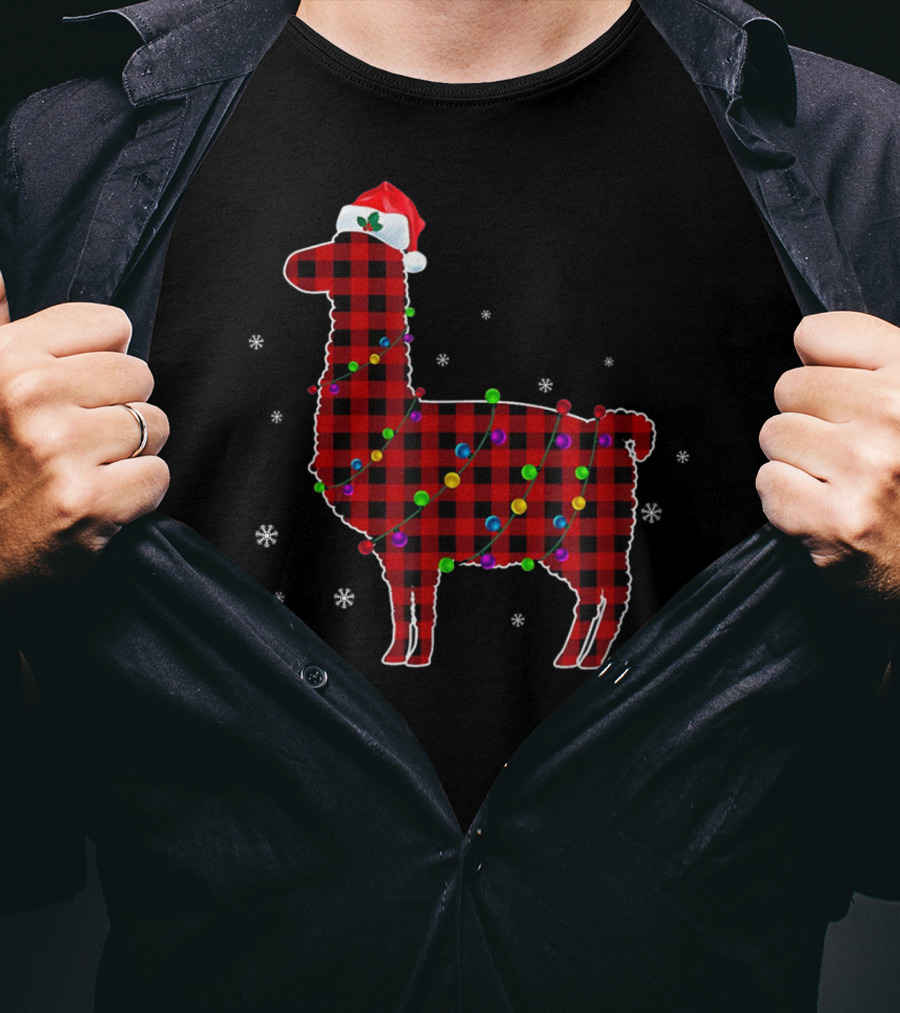 Red Plaid Buffalo Llama Christmas Lights Santa Hat T-Shirt