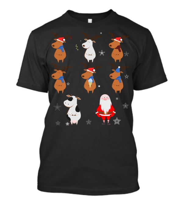Santa Claus Reindeers With Cow And Snowflakes T-Shirt