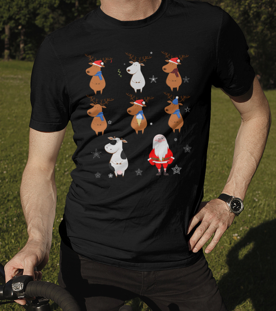 Santa Claus Reindeers With Cow And Snowflakes T-Shirt