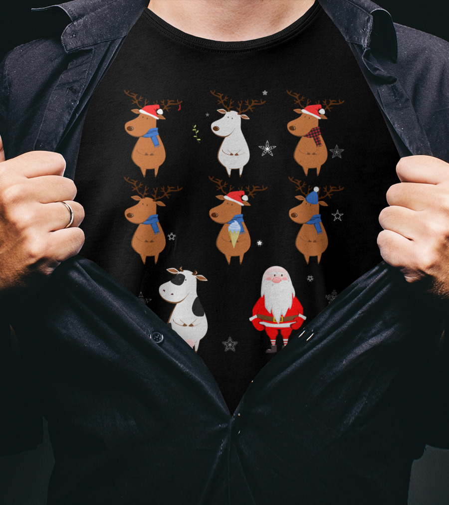 Santa Claus Reindeers With Cow And Snowflakes T-Shirt