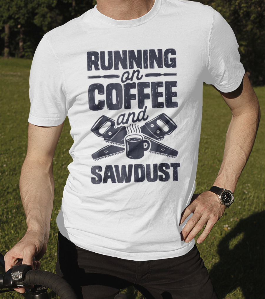 Running On Coffee And Sawdust With Crossed Saws And Coffee Mug T-Shirt