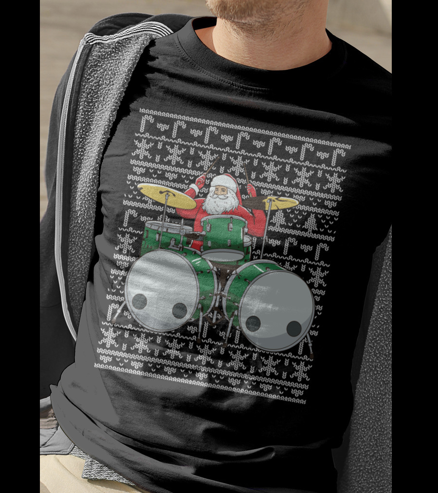 Santa Drummer Christmas Ugly Sweater Style Drums T-Shirt