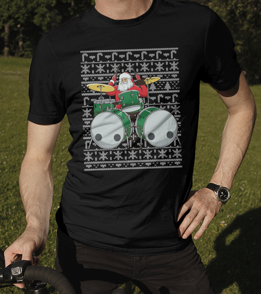 Santa Drummer Christmas Ugly Sweater Style Drums T-Shirt