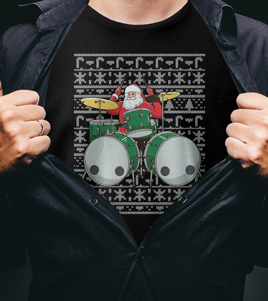 Santa Drummer Christmas Ugly Sweater Style Drums T-Shirt