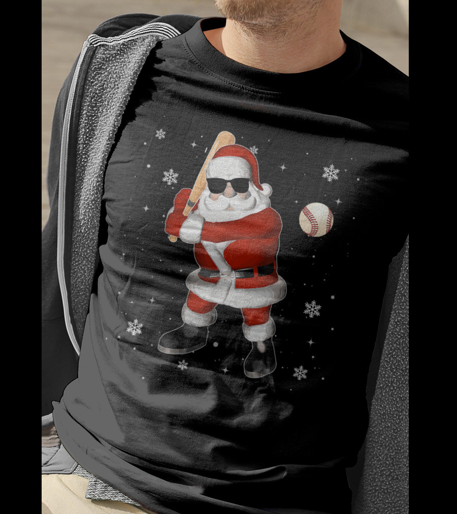 Santa Baseball Snowflake Batting Holiday T-Shirt