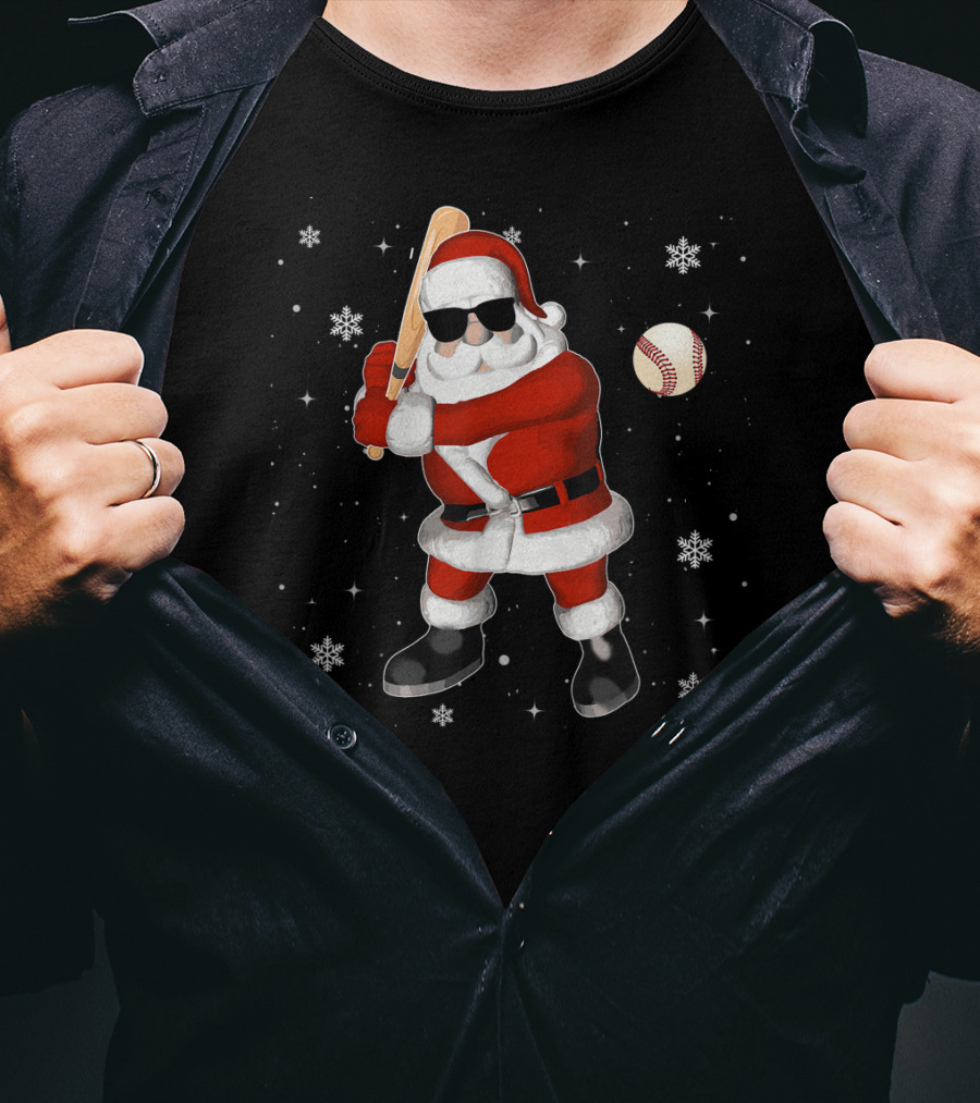 Santa Baseball Snowflake Batting Holiday T-Shirt