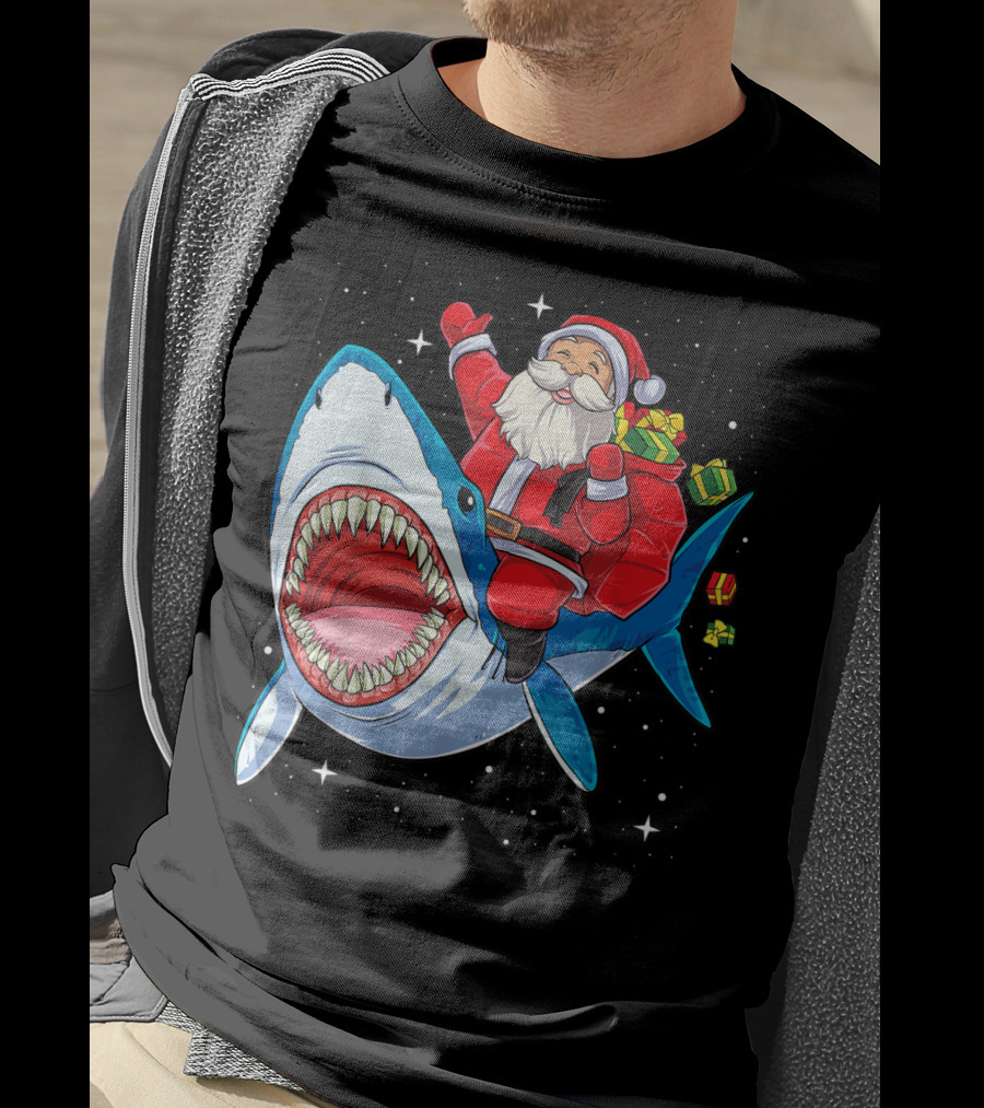 Santa And Presents On Shark In Starry Christmas Galaxy T-Shirt