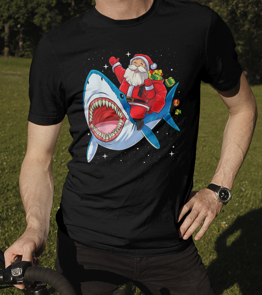 Santa And Presents On Shark In Starry Christmas Galaxy T-Shirt