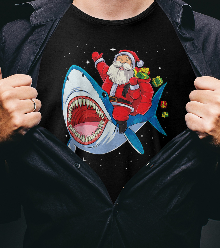 Santa And Presents On Shark In Starry Christmas Galaxy T-Shirt