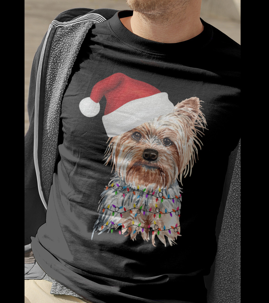 Santa Yorkie Terrier Dog With Christmas Lights Reindeer T-Shirt