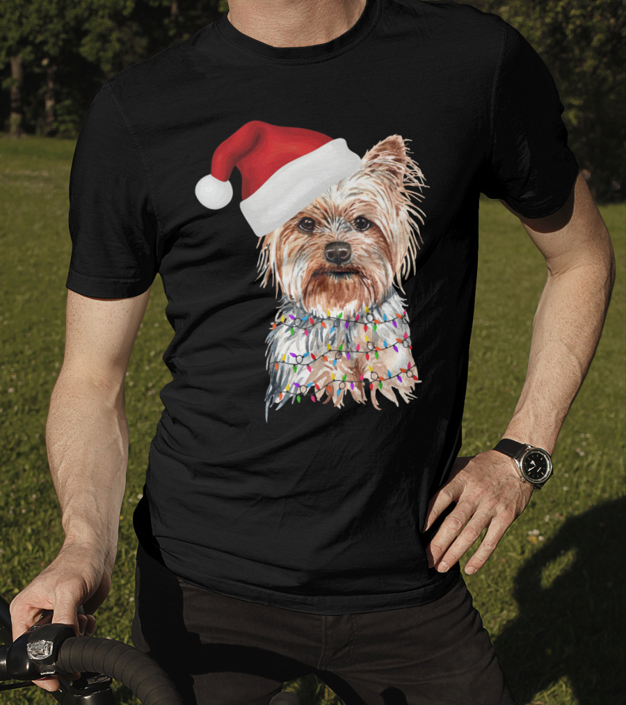 Santa Yorkie Terrier Dog With Christmas Lights Reindeer T-Shirt