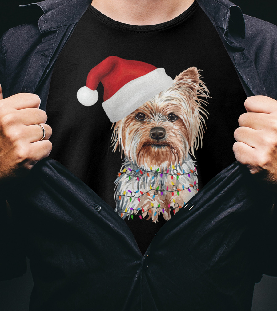 Santa Yorkie Terrier Dog With Christmas Lights Reindeer T-Shirt