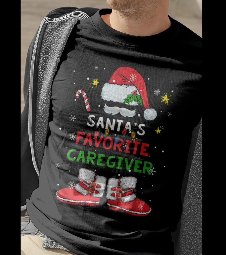 Santa's Favorite Caregiver Christmas Santa Suit Hat Boots Candy Cane Snowflakes T-Shirt