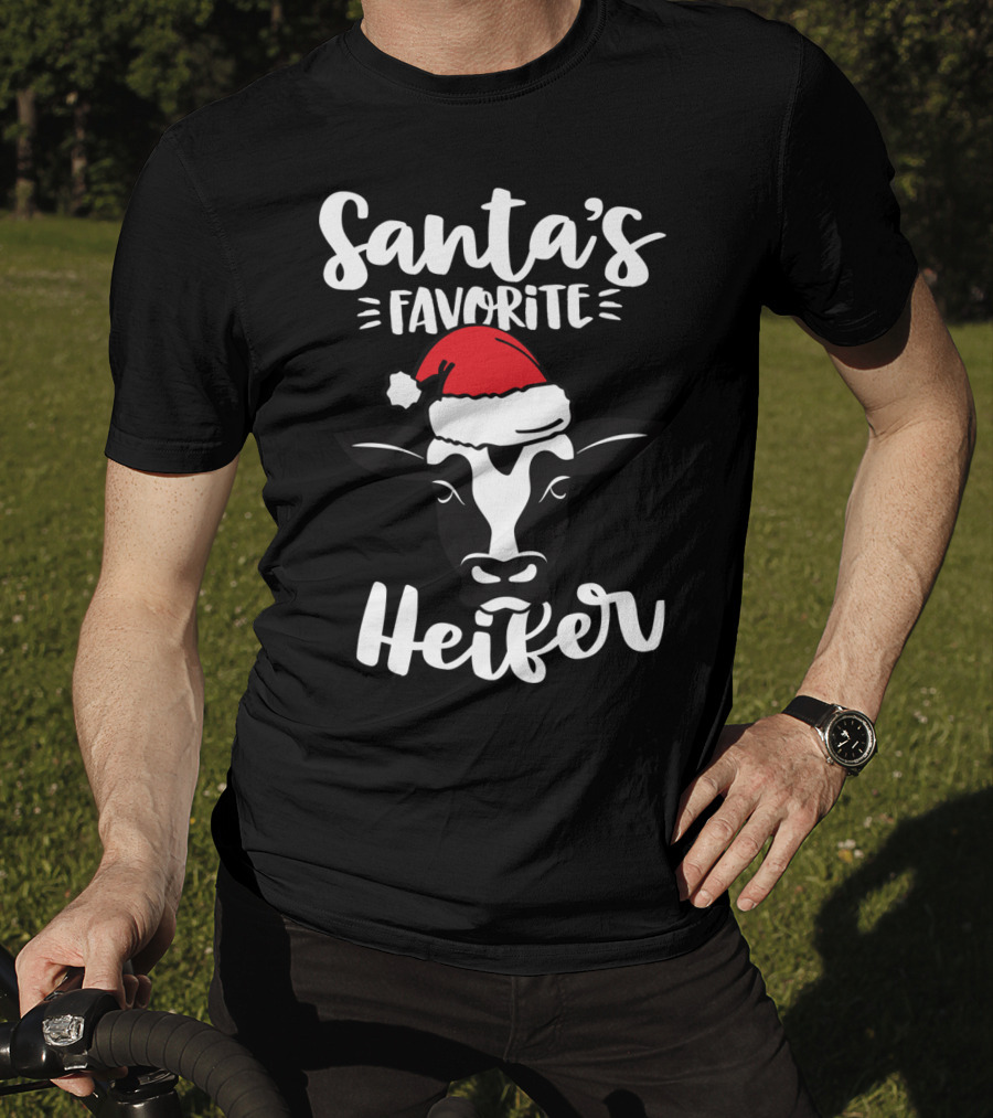 Santa's Favorite Heifer Cow Cattle Farmer Christmas Santa Hat T-Shirt