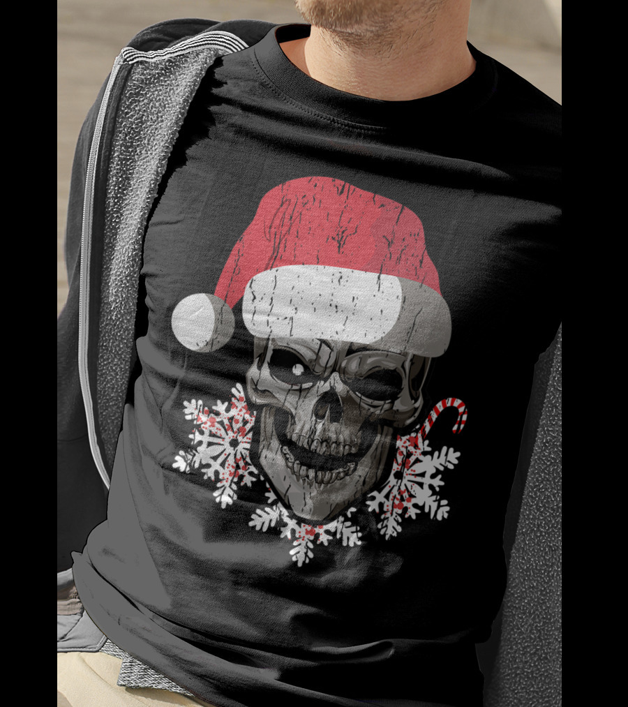 Skull Santa Hat Snowflakes Candy Cane T-Shirt
