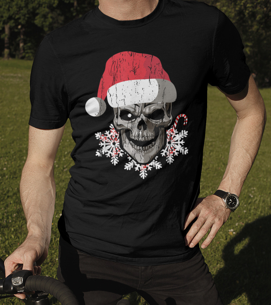 Skull Santa Hat Snowflakes Candy Cane T-Shirt