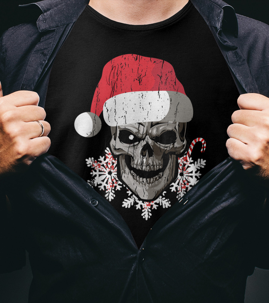 Skull Santa Hat Snowflakes Candy Cane T-Shirt