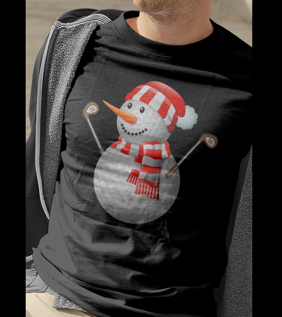 Snowman Golf Ball Christmas Hat Red Scarf Golf Clubs T-Shirt