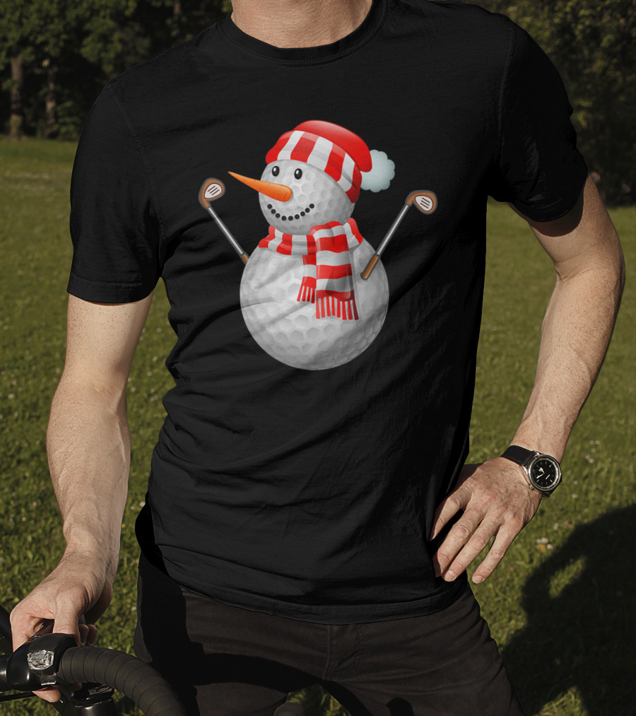 Snowman Golf Ball Christmas Hat Red Scarf Golf Clubs T-Shirt