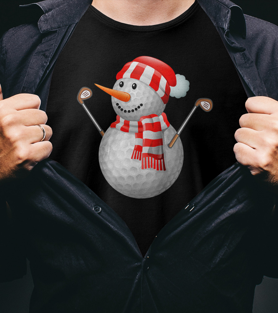 Snowman Golf Ball Christmas Hat Red Scarf Golf Clubs T-Shirt