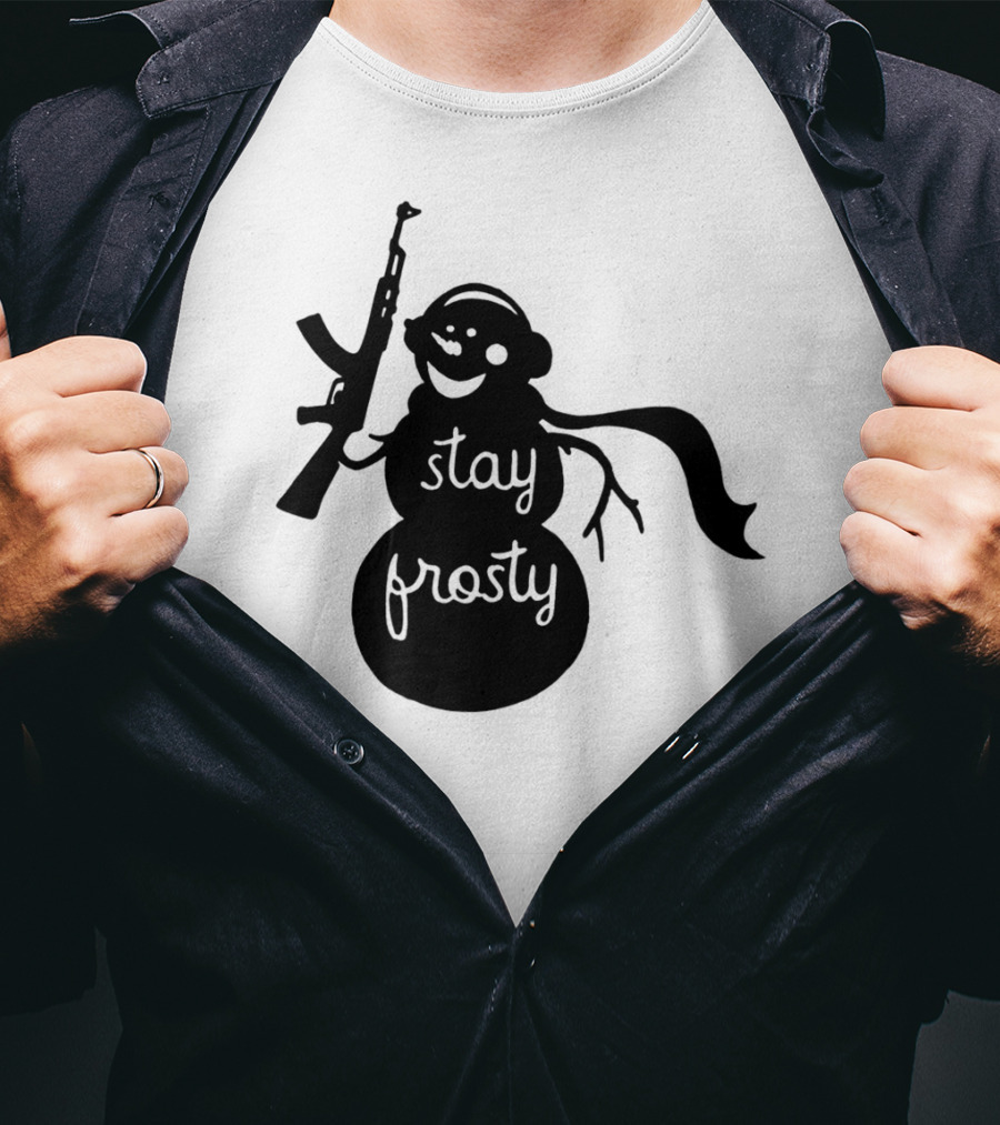 Stay Frosty Snowman With Headphones And Rifle T-Shirt